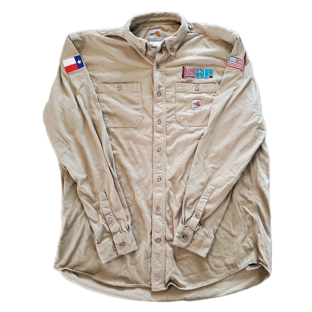 Carhartt FR Shirt Men's Large Khaki Flame Resistant Button Down Workwear Patches